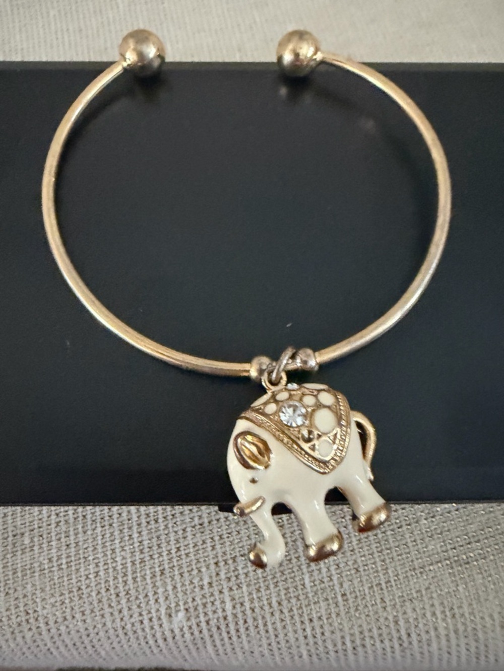 Gold-Tone Elephant Charm Bangle Bracelet - White Enamel